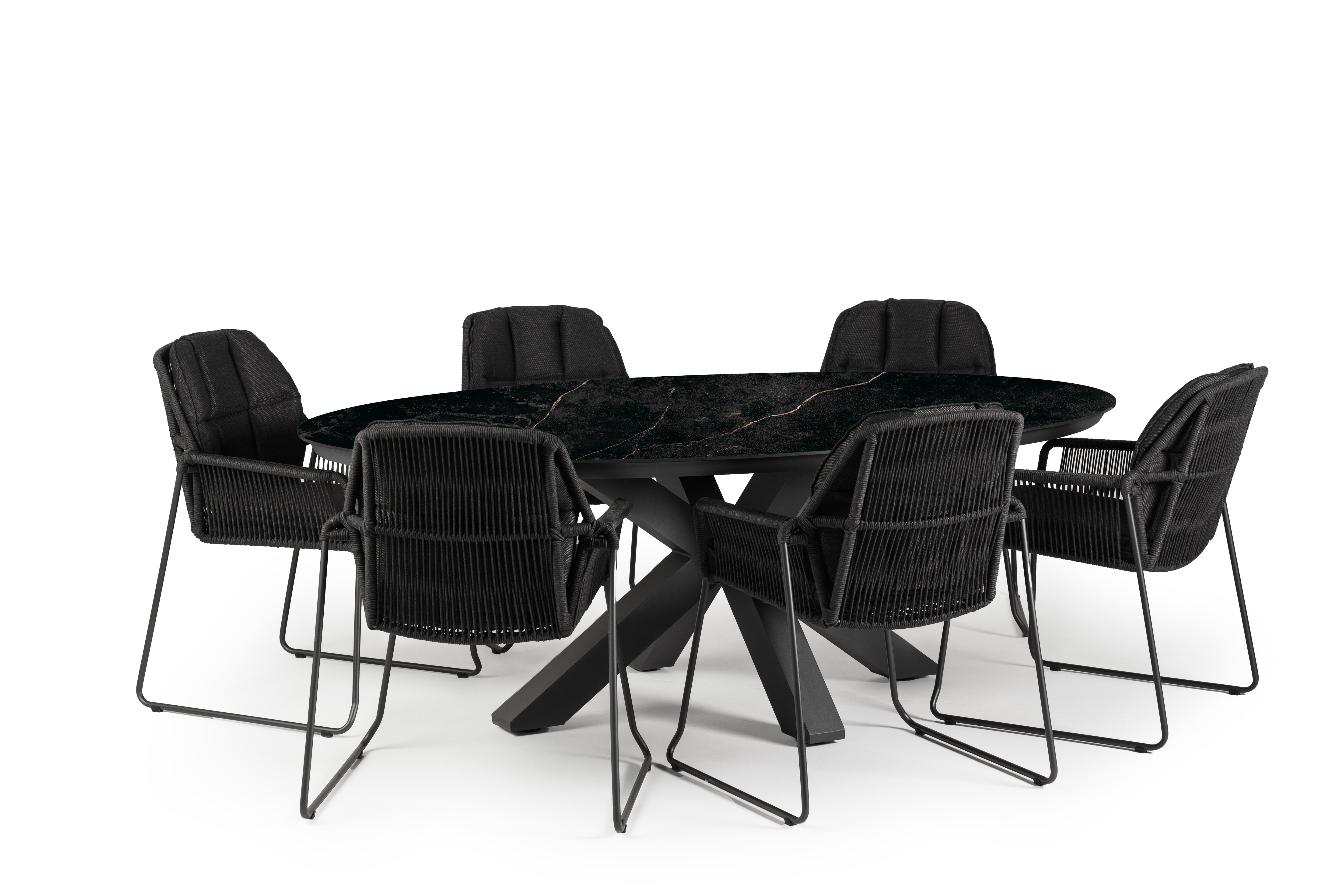 Tierra Outdoor-Ess-Set Rivera schwarz – länglicher Marmor 200 x 110 cm, 7-teilig